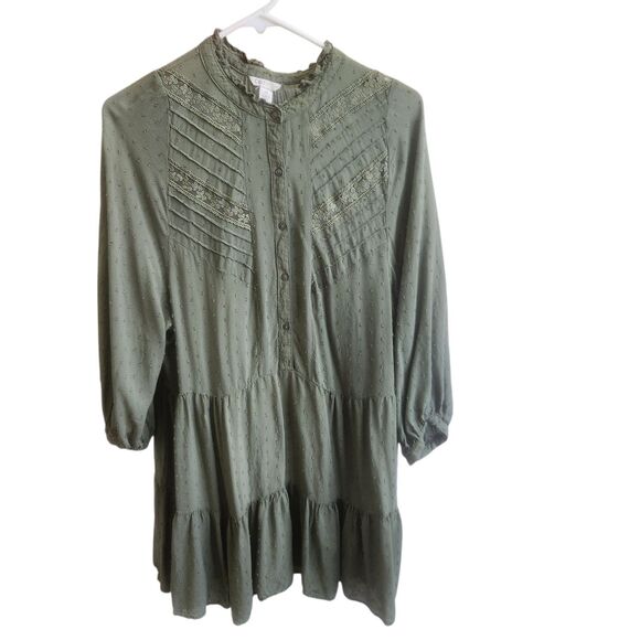 Semi-Sheer-Dotted Swiss Cottagcore Dress-Moss Grn-Tiered-Lace/Pin Tuck Details M - Picture 5 of 14